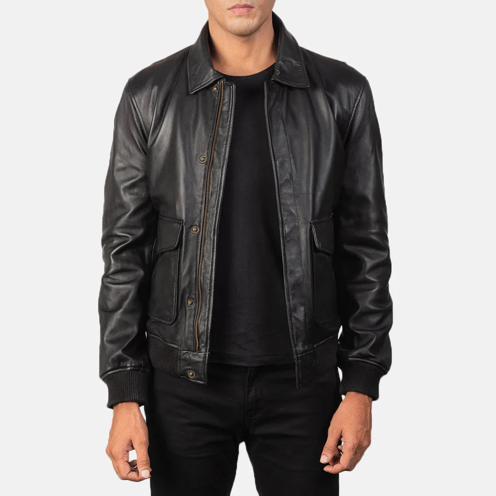 Black-Leather-Bomber-Jacket-Front-By-SKS-Wholesales