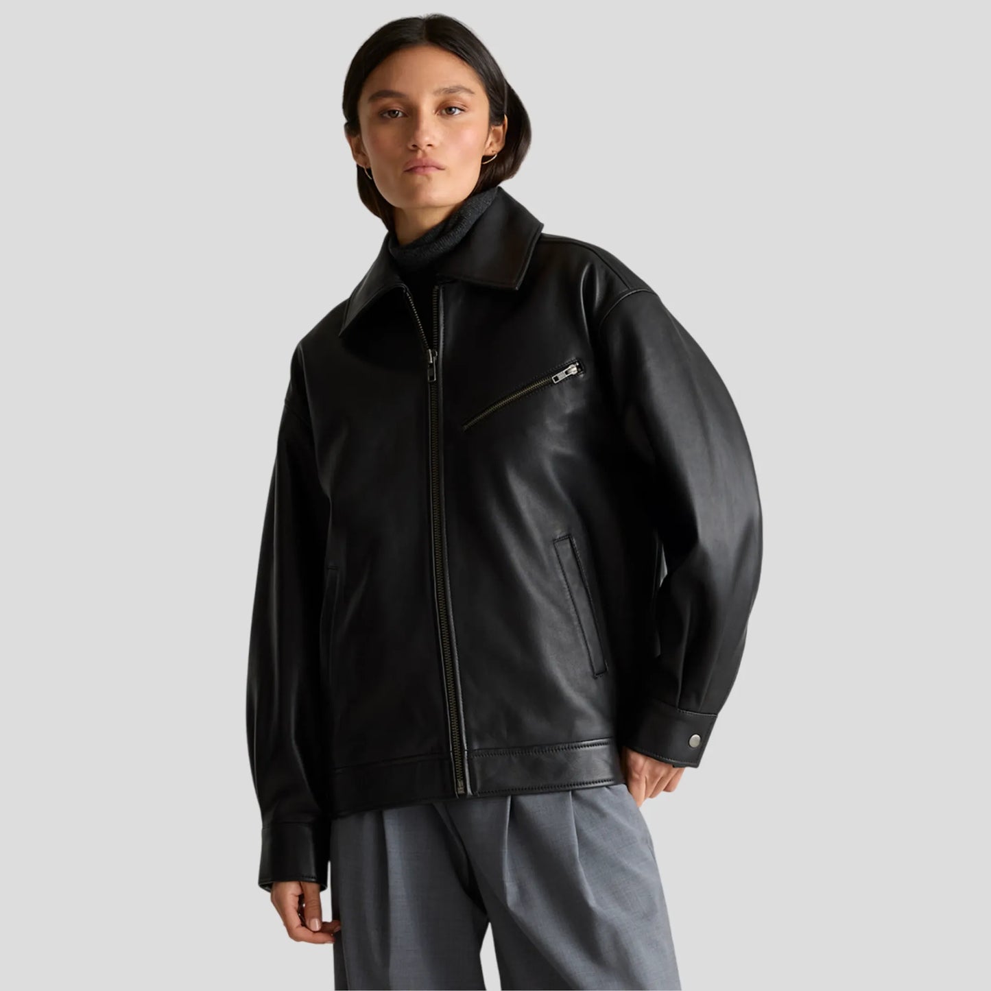 Black-Leather-Oversized-Bomber-Jacket-Front-By-SKS-Wholesales