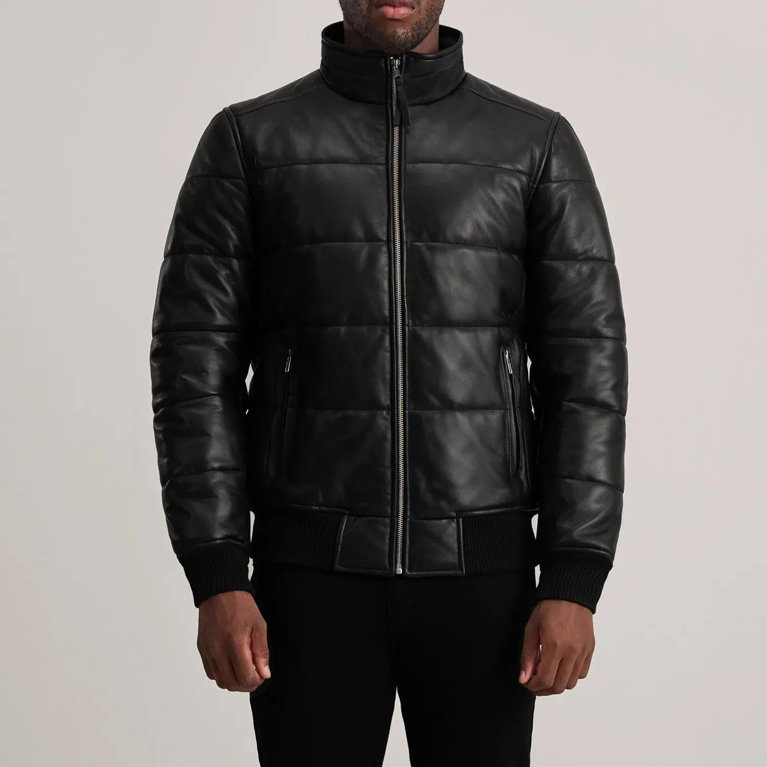 Black-Leather-Puffer-Bomber-Jacket-Front-By-SKS-Wholesales