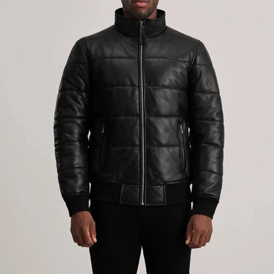 Black-Leather-Puffer-Bomber-Jacket-Front-By-SKS-Wholesales