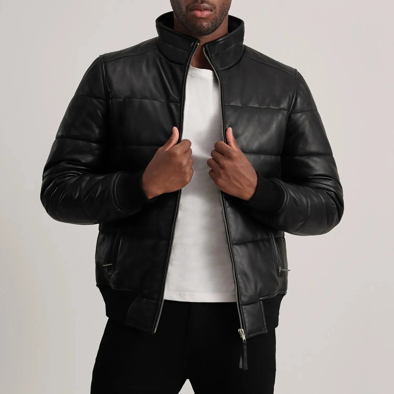 Black-Leather-Puffer-Bomber-Jacket-Model-By-SKS-Wholesales