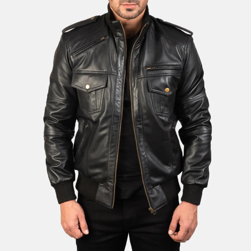 Black-Sheepskin-Leather-Bomber-Jacket-Front-By-SKS-Wholesales