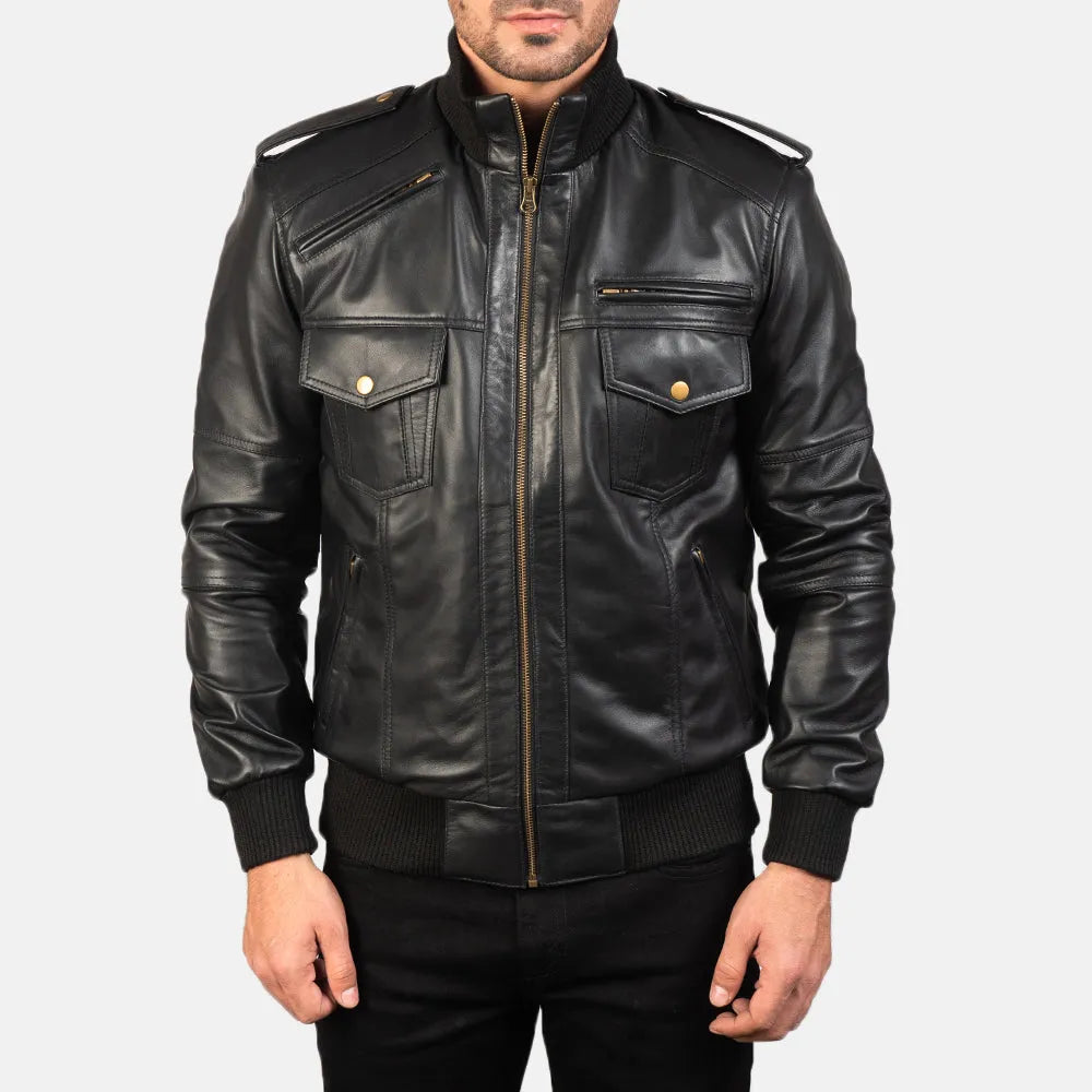 Black-Sheepskin-Leather-Bomber-Jacket-Model-By-SKS-Wholesales