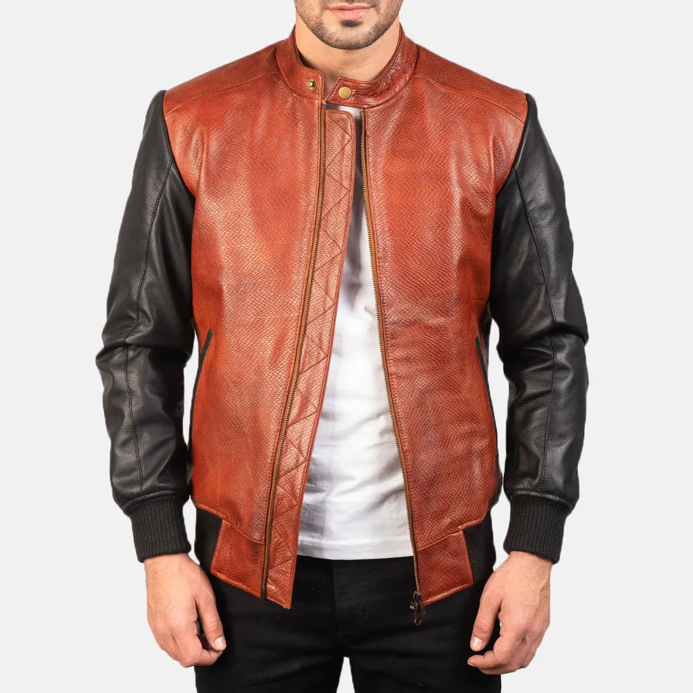 Black-and-Maroon-Leather-Bomber-Jacket-Front-By-SKS-Wholesales