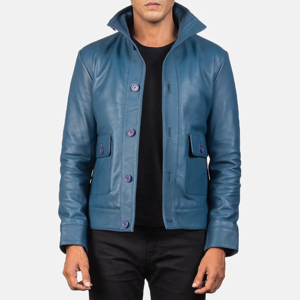 Blue-Leather-Bomber-Jacket-Front-By-SKS-Wholesales