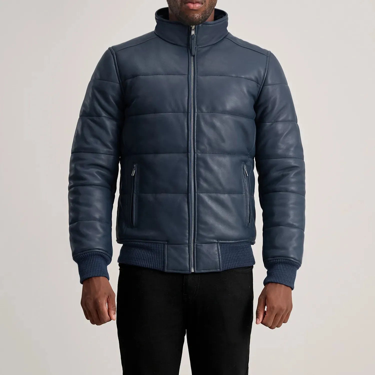 Blue-Leather-Puffer-Bomber-Jacket-Front-By-SKS-Wholesales