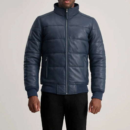 Blue-Leather-Puffer-Bomber-Jacket-Front-By-SKS-Wholesales