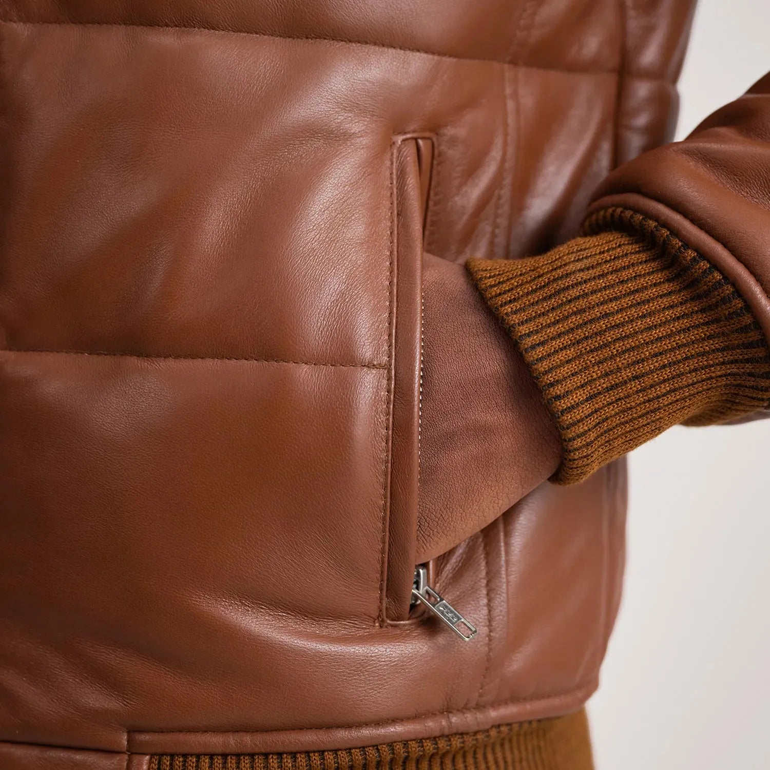 Brown-Leather-Puffer-Bomber-Jacket-By-SKS-Wholesales