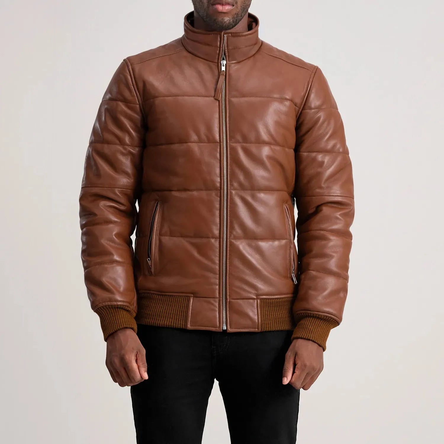 Brown-Leather-Puffer-Bomber-Jacket-Front-By-SKS-Wholesales