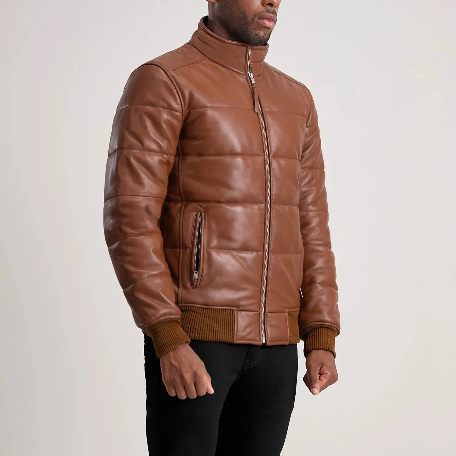 Brown-Leather-Puffer-Bomber-Jacket-Left-By-SKS-Wholesales