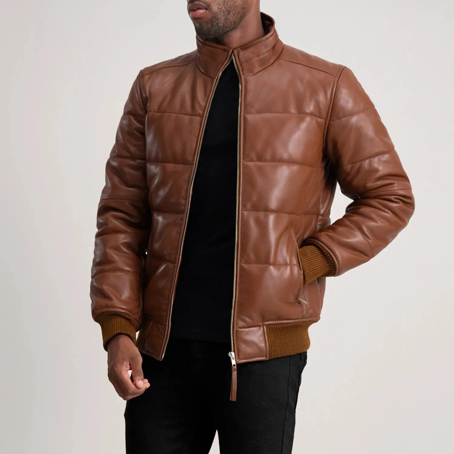 Brown-Leather-Puffer-Bomber-Jacket-Model-By-SKS-Wholesales