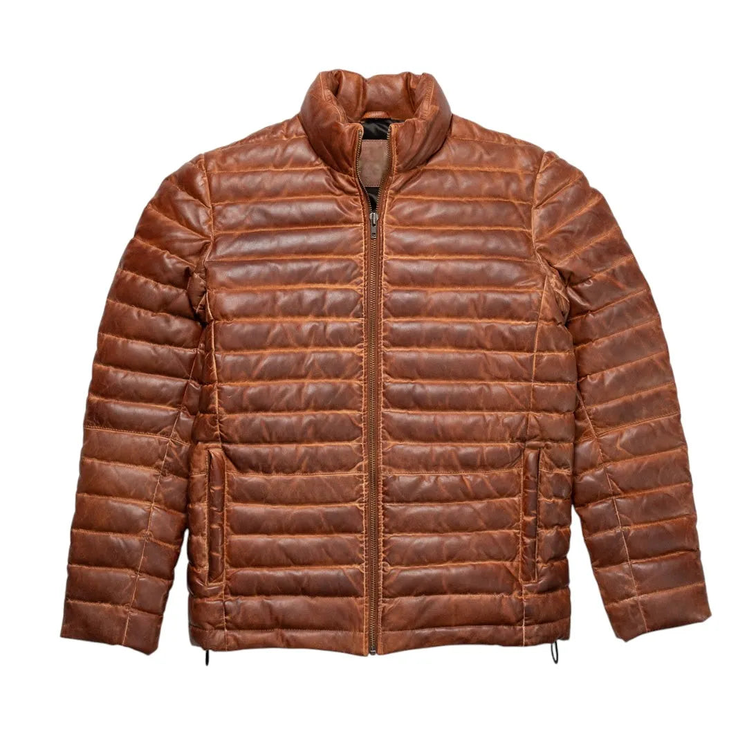 Brown-Leather-Puffer-Jacket-Front-By-SKS-Wholesales