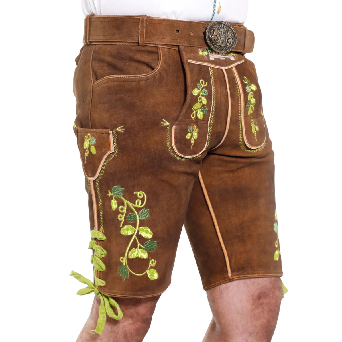 Brown short lederhosen, left side view