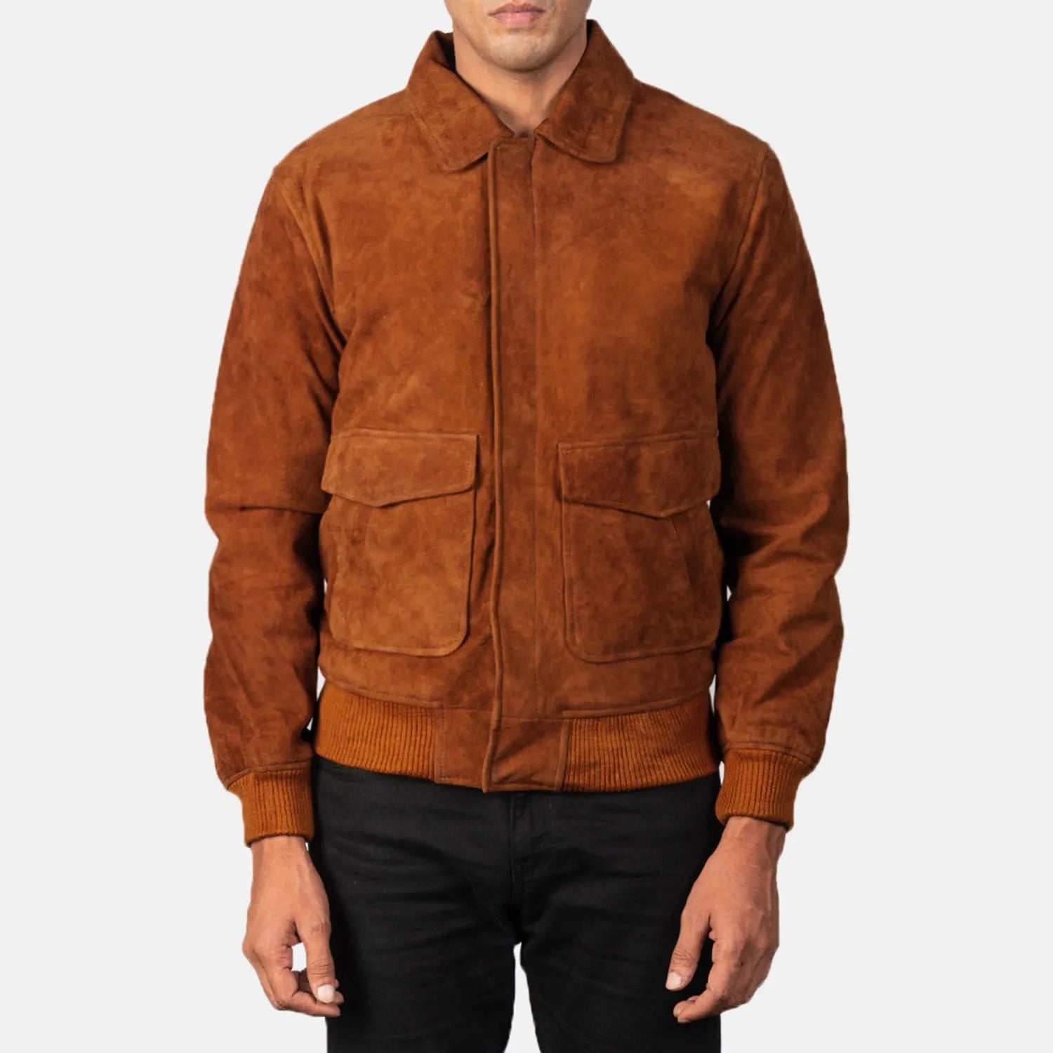 Brown-Suede-Leather-Bomber-Jacket-Front-By-SKS-Wholesales
