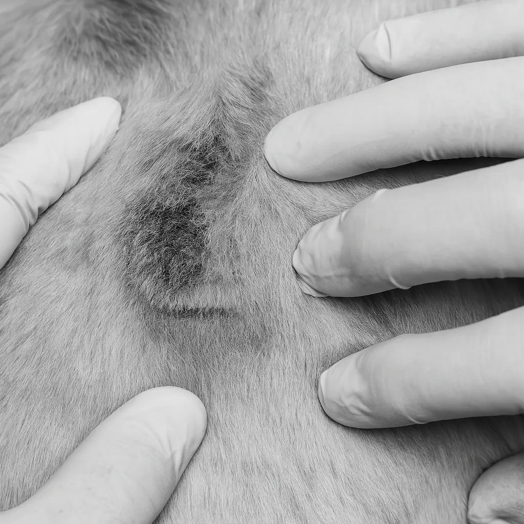 Close-up of a dog's skin with visible hair loss and scarring, touched by a human hand.