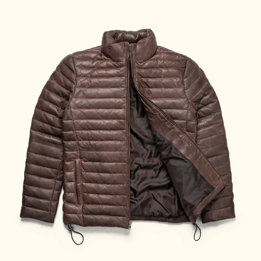 Dark-Brown-Leather-Puffer-Jacket-Open-By-SKS-Wholesales