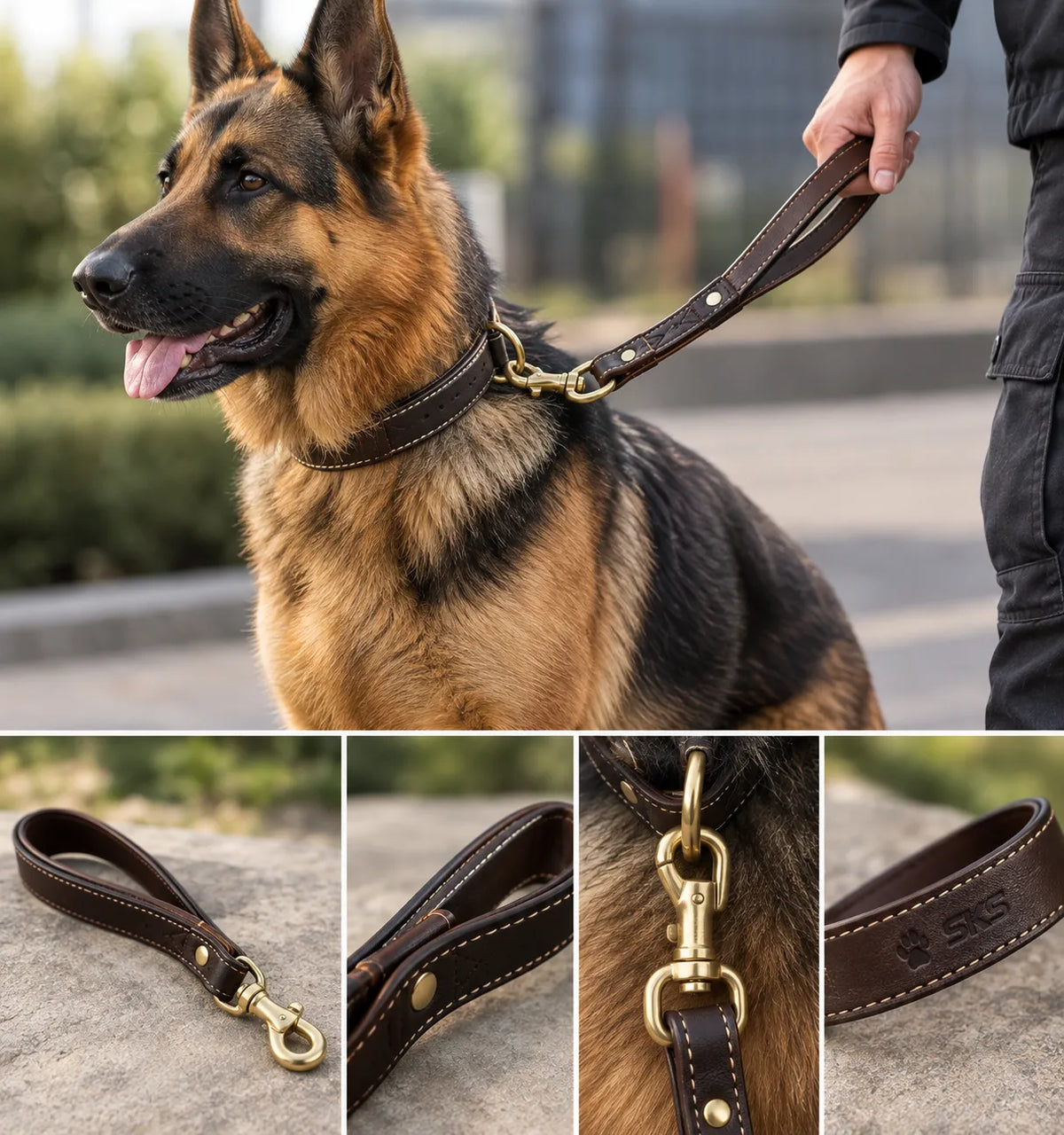 Short leather traffic lead on a German shepherd