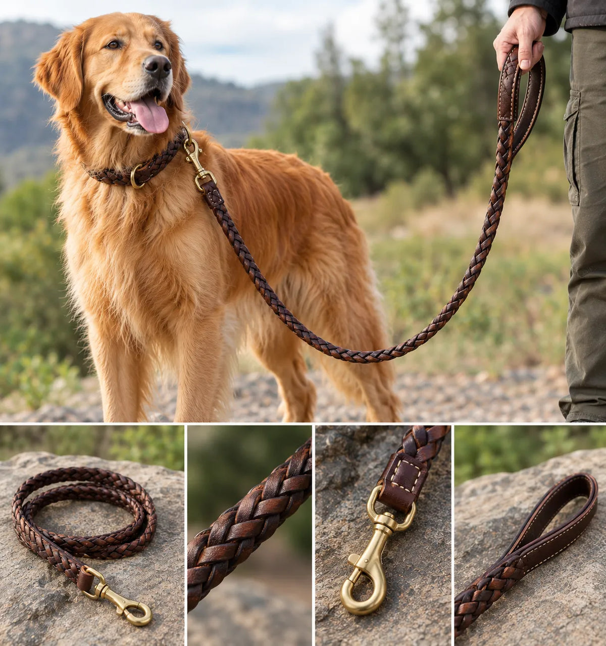 Braided leather dog leash on a golden retriever