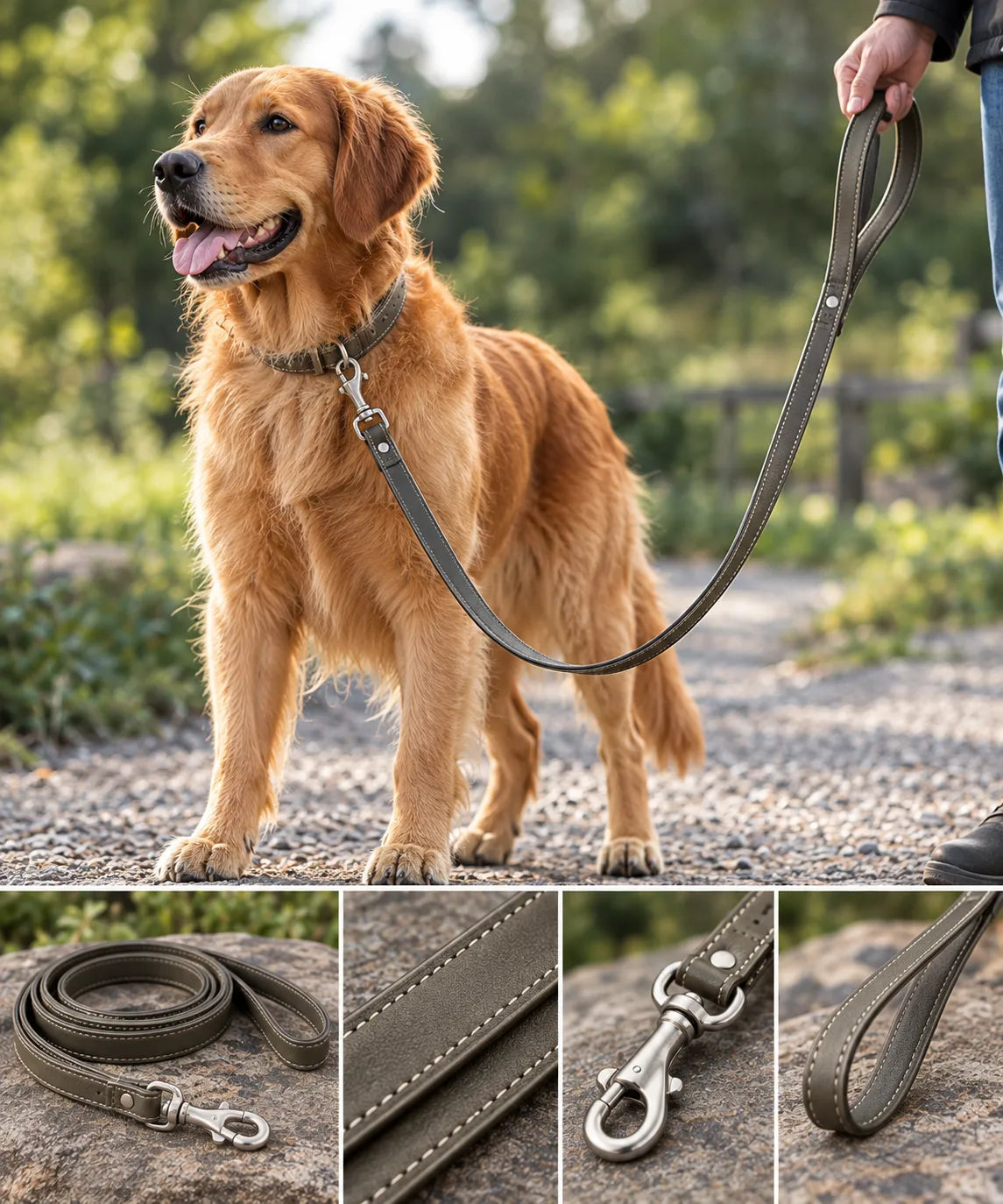 4ft leather dog training lead on a golden retriever
