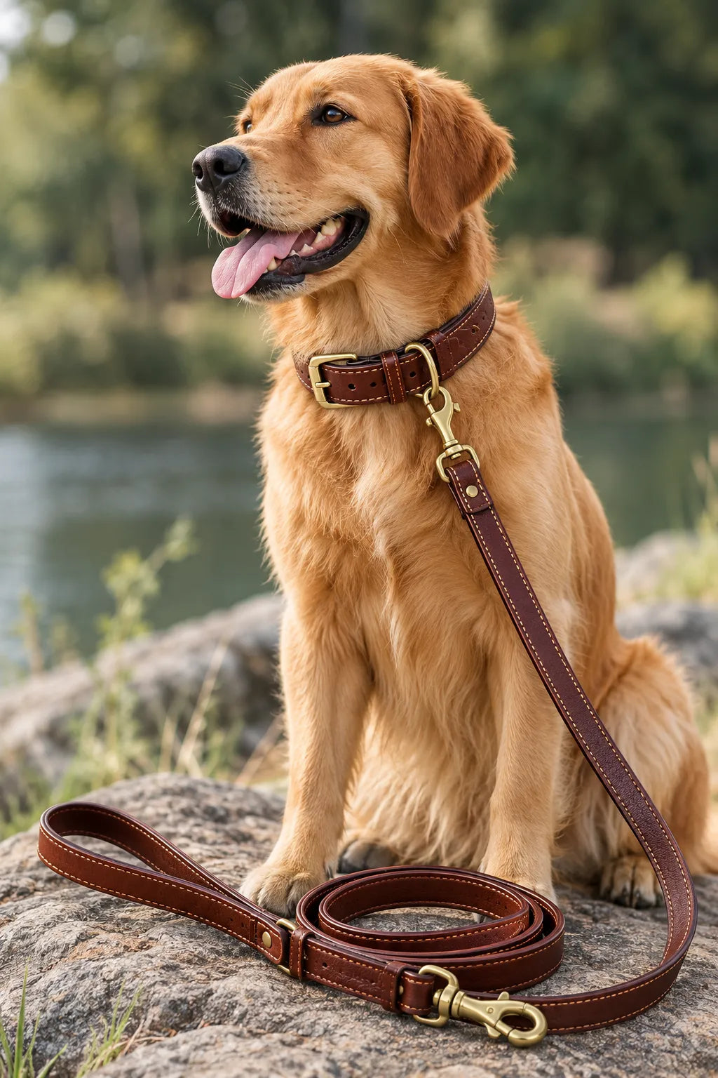Matching leather dog collar and leash set on a golden retriever