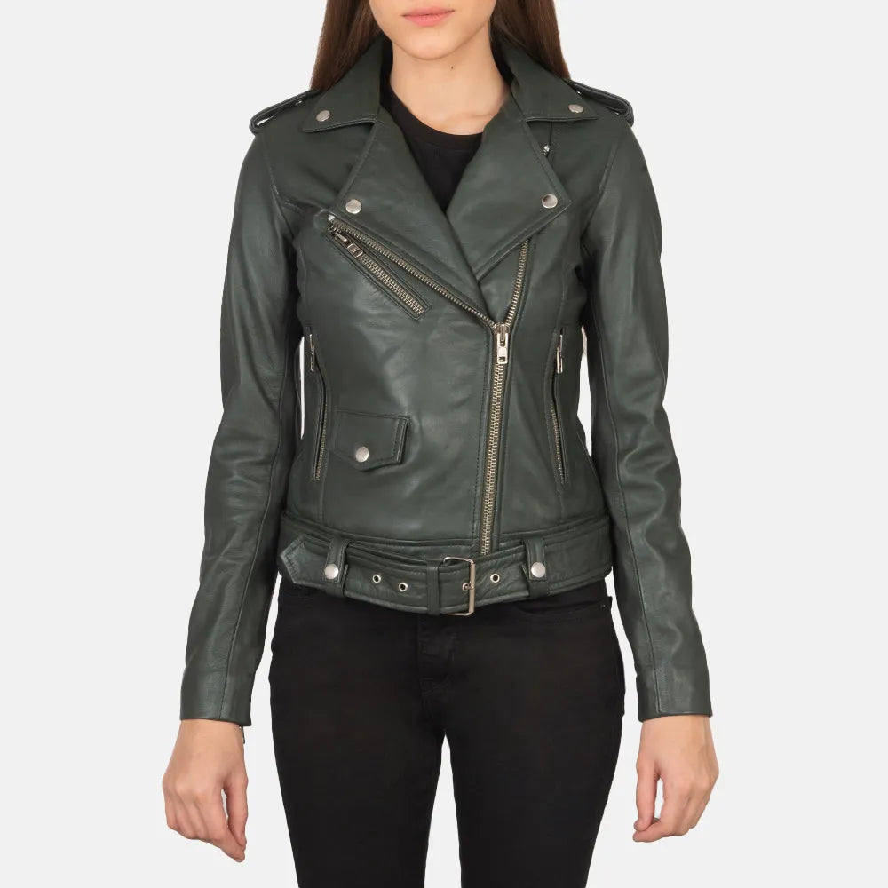 Green-Leather-Biker-Jacket-Front-By-SKS-Wholesales