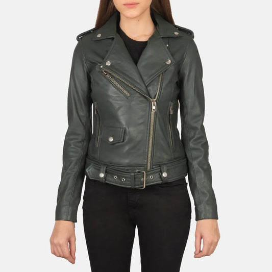 Green-Leather-Biker-Jacket-Front-By-SKS-Wholesales