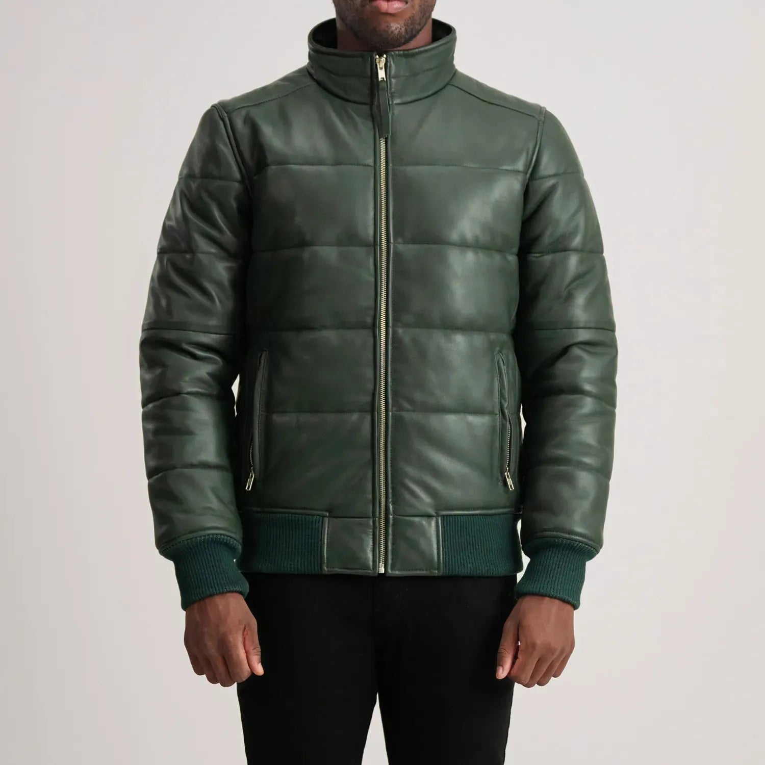 Green-Leather-Puffer-Bomber-Jacket-Front-By-SKS-Wholesales