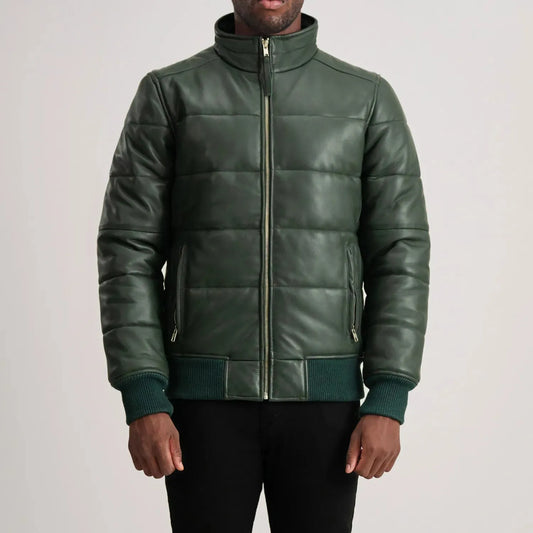Green-Leather-Puffer-Bomber-Jacket-Front-By-SKS-Wholesales