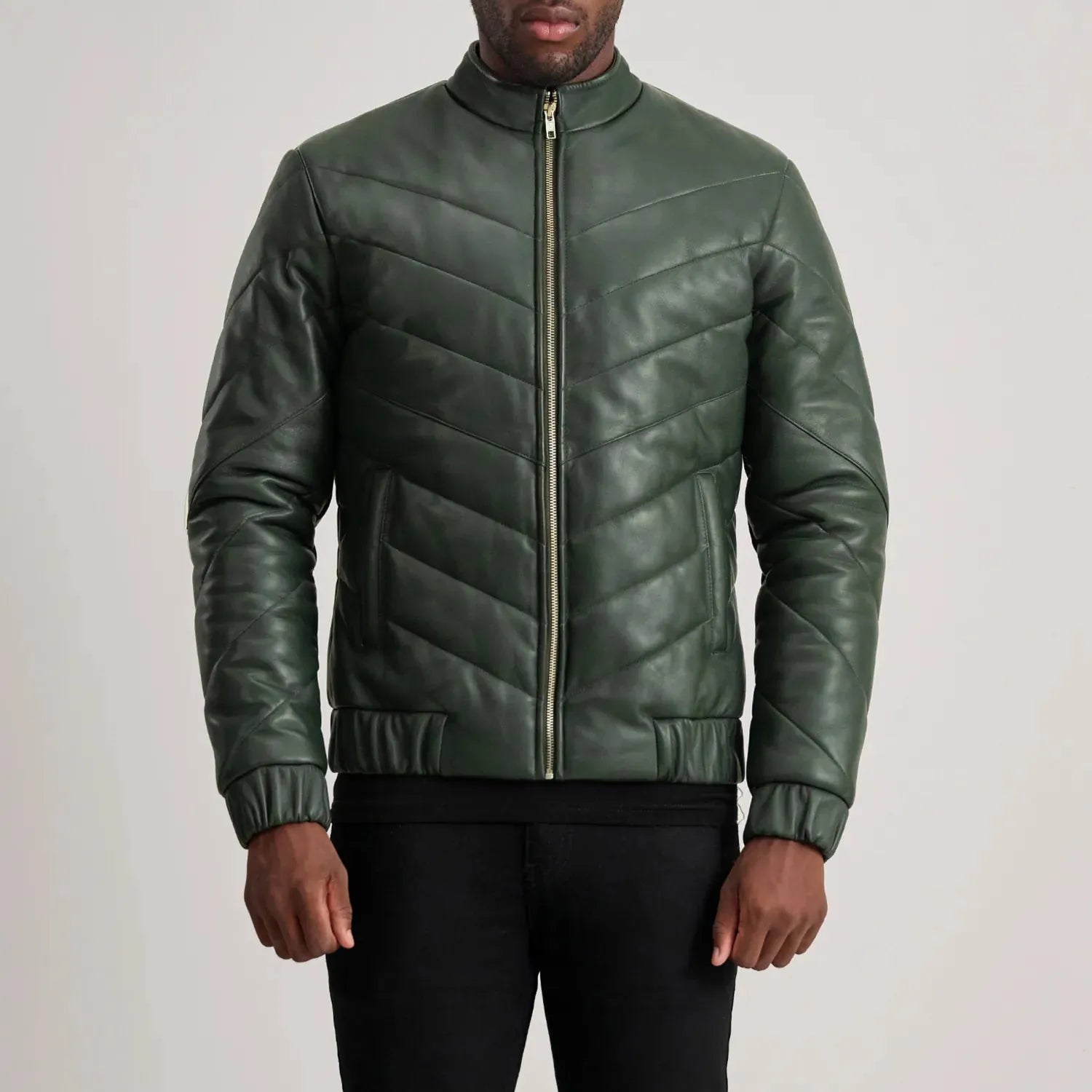 Green-Leather-Puffer-Jacket-Front-By-SKS-Wholesales