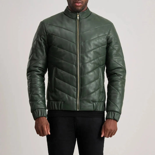 Green-Leather-Puffer-Jacket-Front-By-SKS-Wholesales