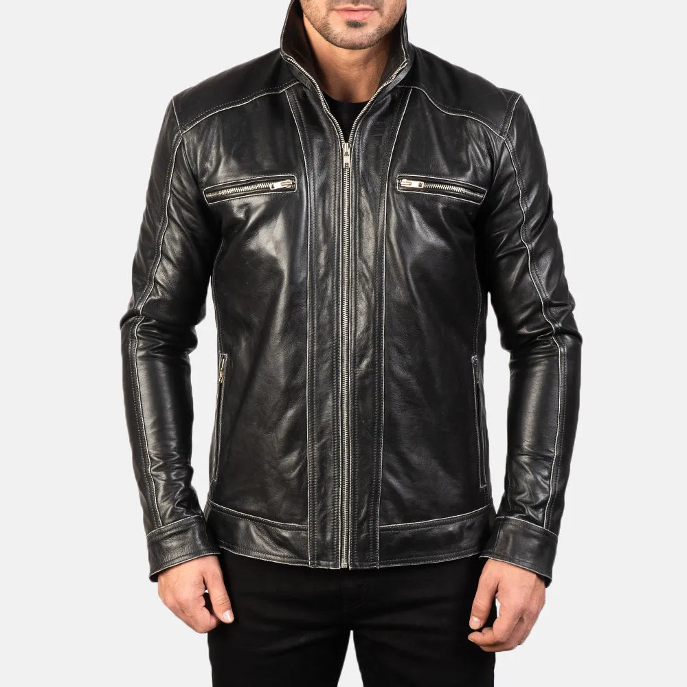 Mens-Black-Leather-Biker-Jacket-Front-By-SKS-Wholesales