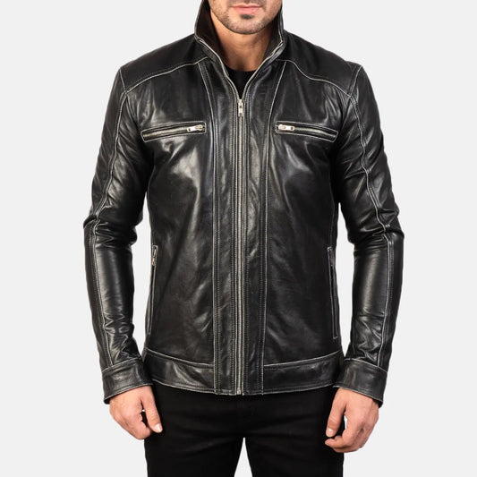Mens-Black-Leather-Biker-Jacket-Front-By-SKS-Wholesales
