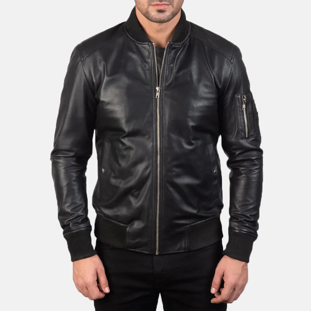 Mens-Black-Leather-Bomber-Jacket-Front-By-SKS-Wholesales