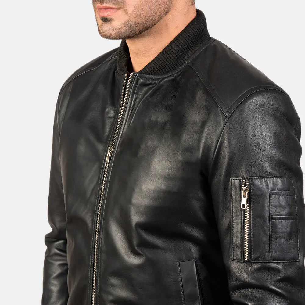 Mens-Black-Leather-Bomber-Jacket-Zip-Pocket-By-SKS-Wholesales