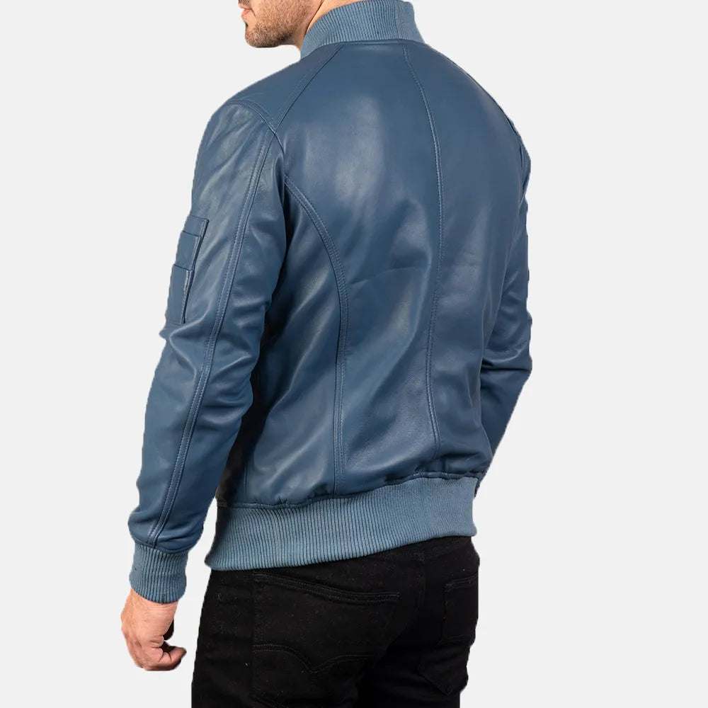Mens-Blue-Leather-Bomber-Jacket-Back-By-SKS-Wholesales