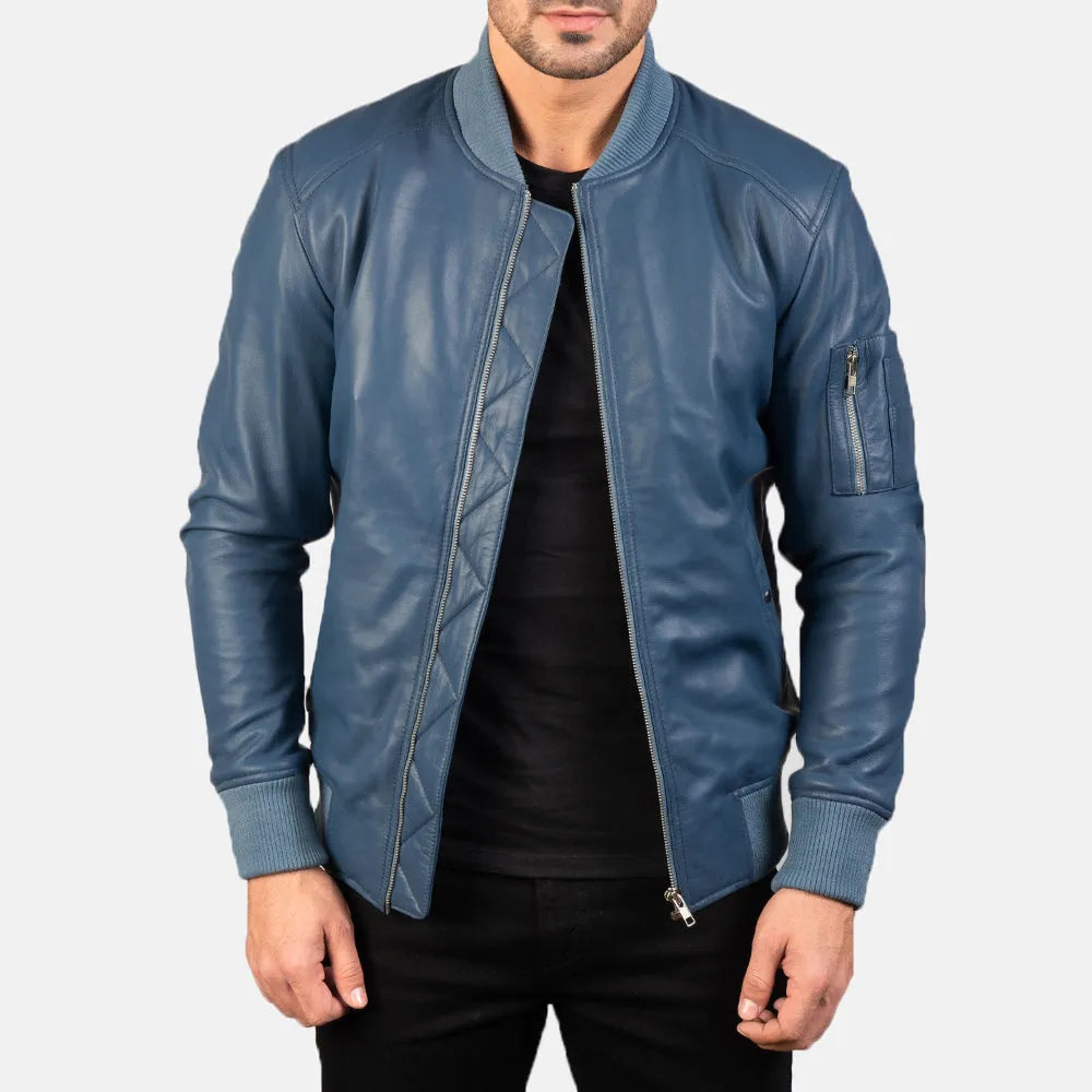 Mens-Blue-Leather-Bomber-Jacket-By-SKS-Wholesales