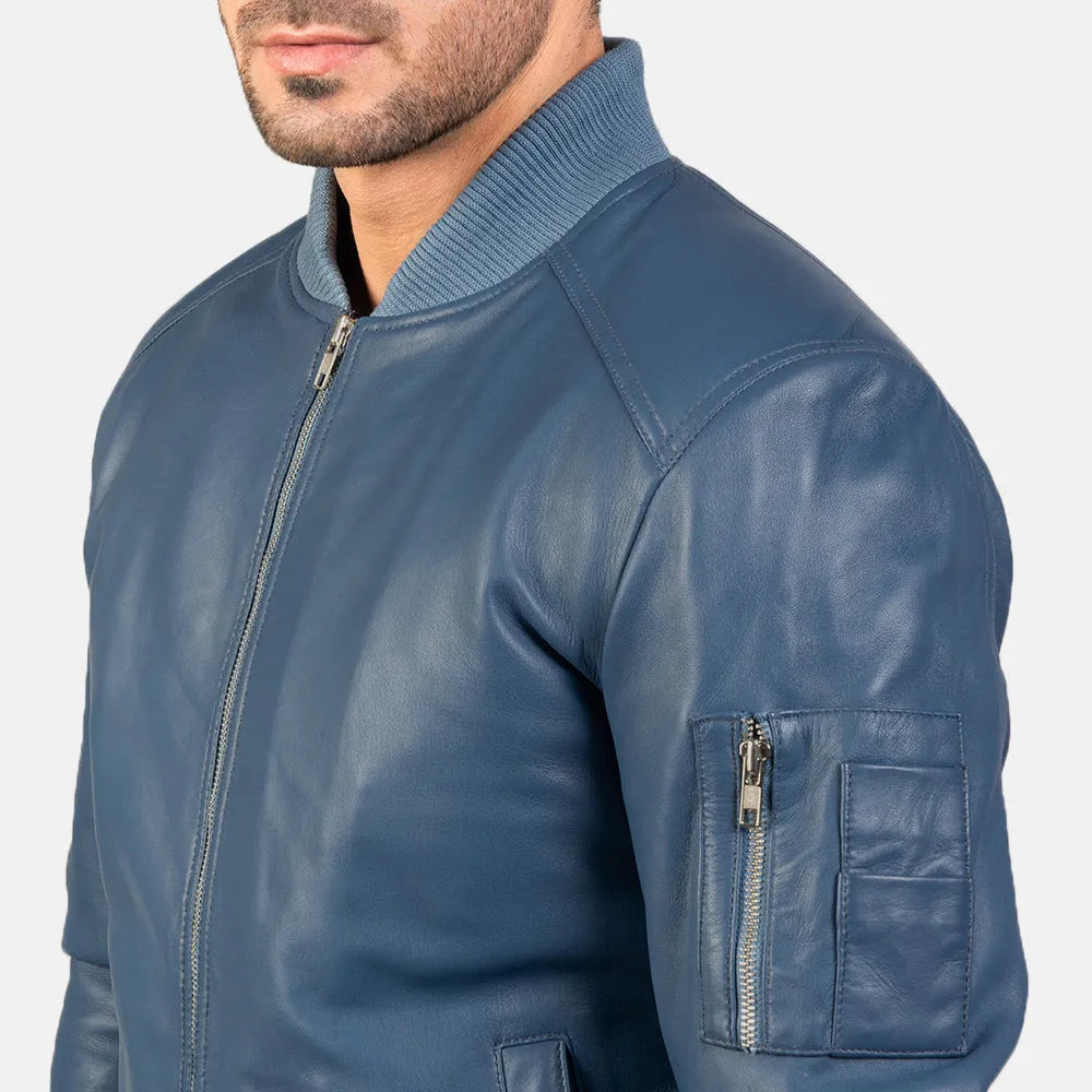 Mens-Blue-Leather-Bomber-Jacket-Front-By-SKS-Wholesales