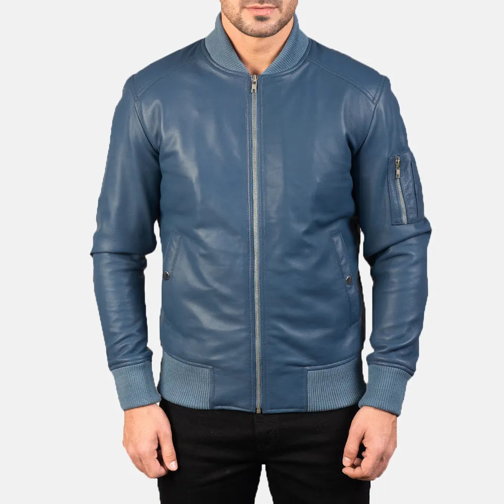 Mens-Blue-Leather-Bomber-Jacket-Model-By-SKS-Wholesales