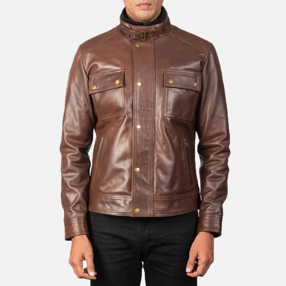 Mens-Brown-Leather-Biker-Jacket-Front-By-SKS-Wholesales