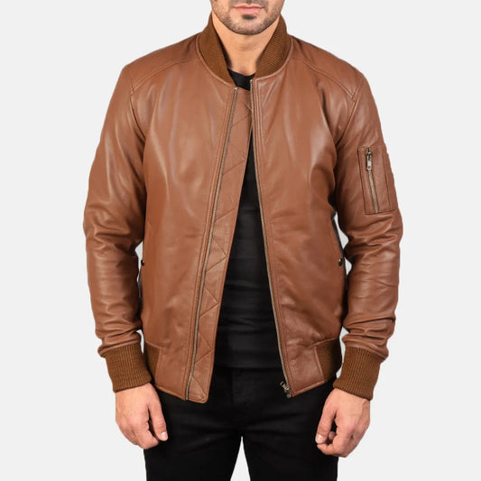 Mens-Brown-Leather-Bomber-Jacket-By-SKS-Wholesales