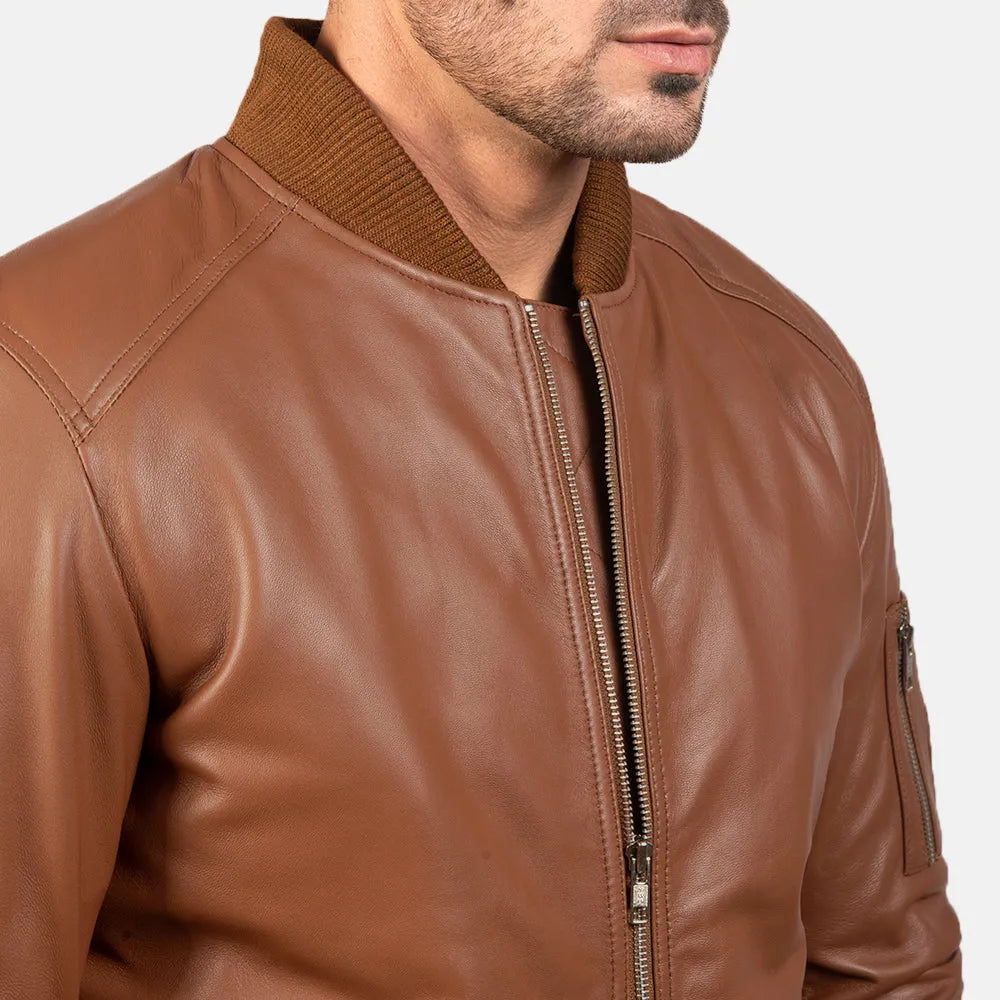 Mens-Brown-Leather-Bomber-Jacket-Front-By-SKS-Wholesales