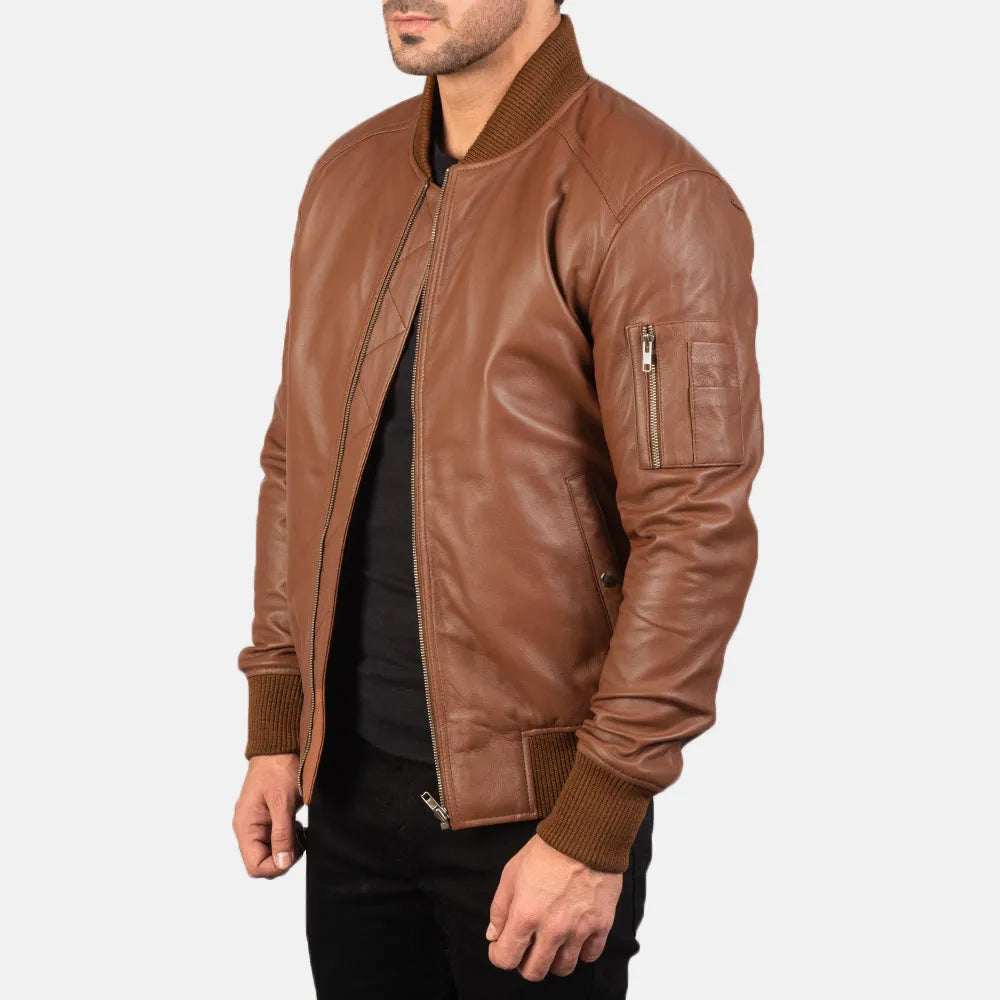 Mens-Brown-Leather-Bomber-Jacket-Left-By-SKS-Wholesales
