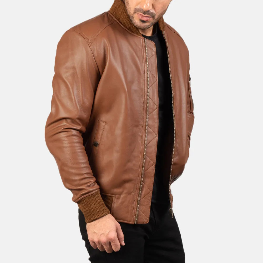 Mens-Brown-Leather-Bomber-Jacket-Model-By-SKS-Wholesales
