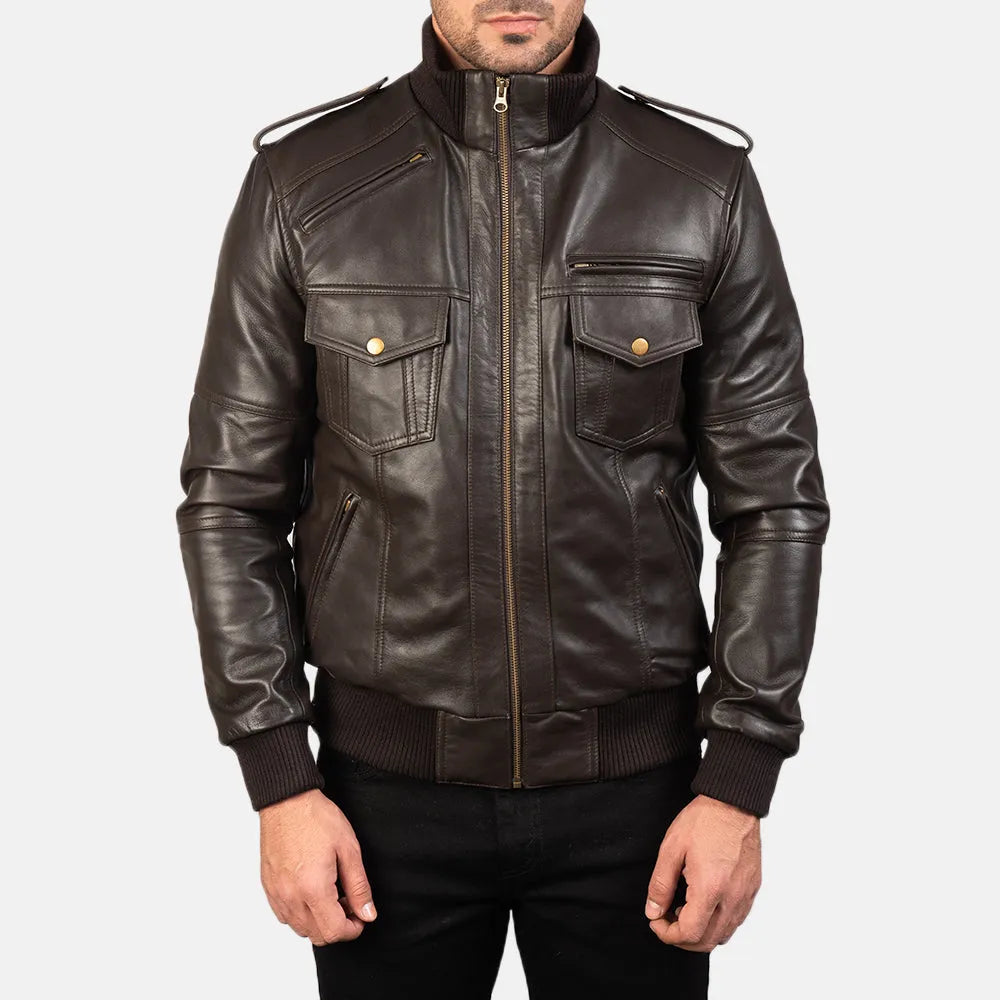 Mens-Brown-Sheepskin-Leather-Bomber-Jacket-Front-By-SKS-Wholesales
