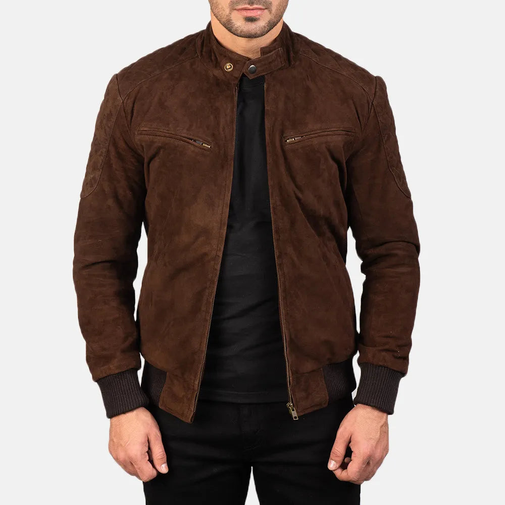 Mens-Dark-Brown-Suede-Bomber-Jacket-Front-By-SKS-Wholesales