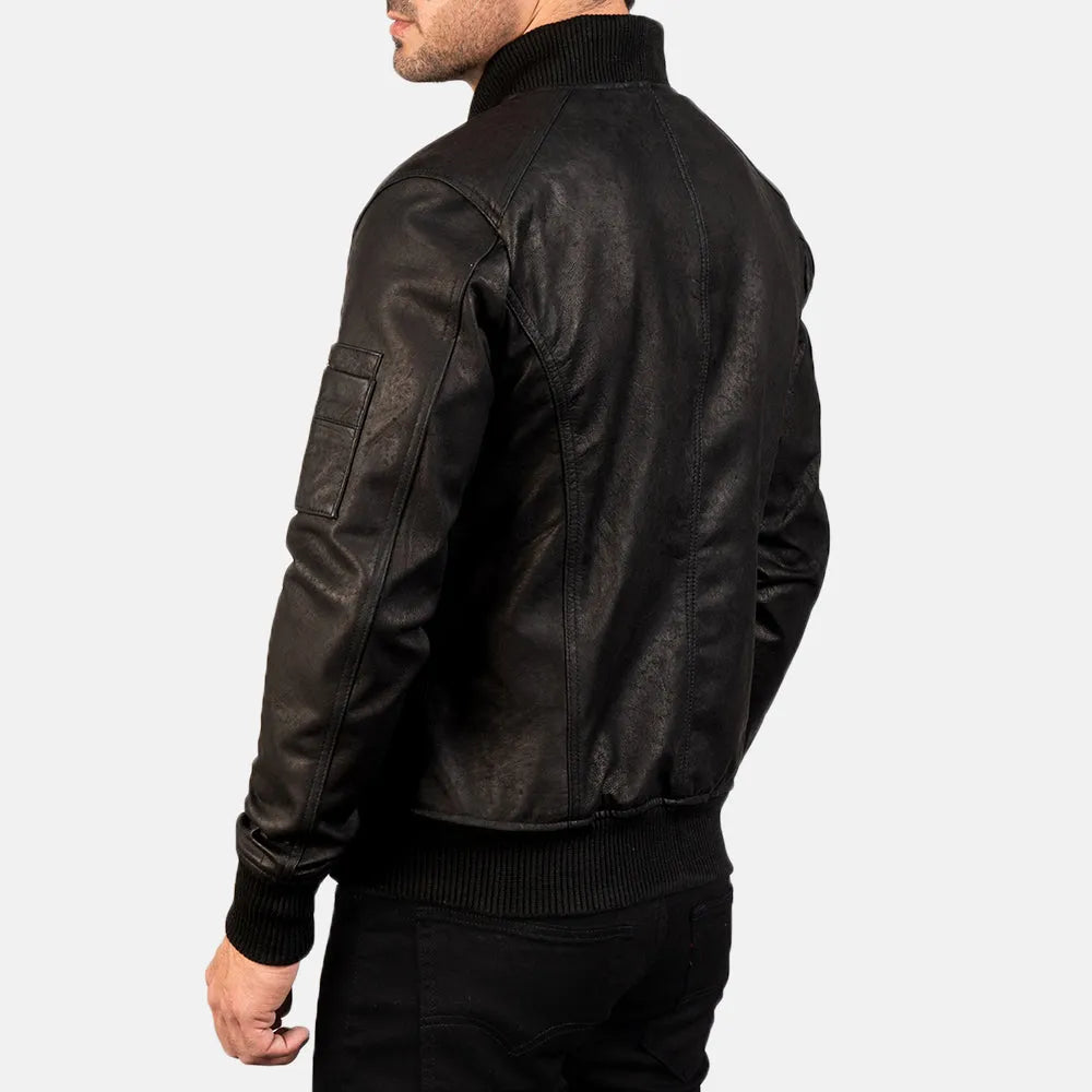 Mens-Distressed-Black-Leather-Bomber-Jacket-Back-By-SKS-Wholesales