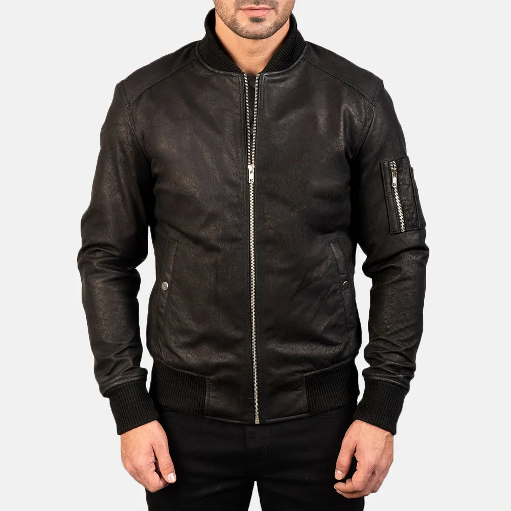 Mens-Distressed-Black-Leather-Bomber-Jacket-By-SKS-Wholesales