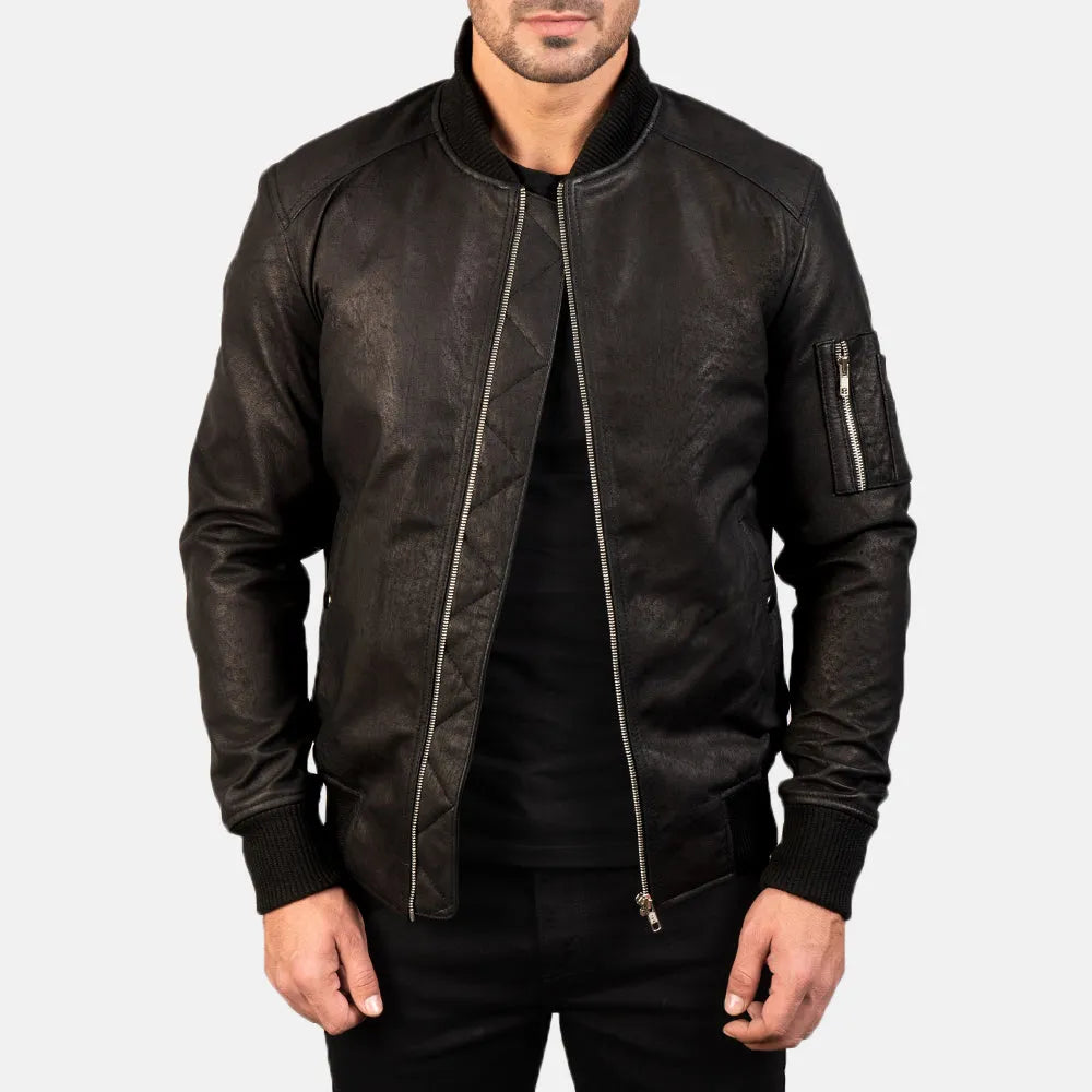 Mens-Distressed-Black-Leather-Bomber-Jacket-Front-By-SKS-Wholesales