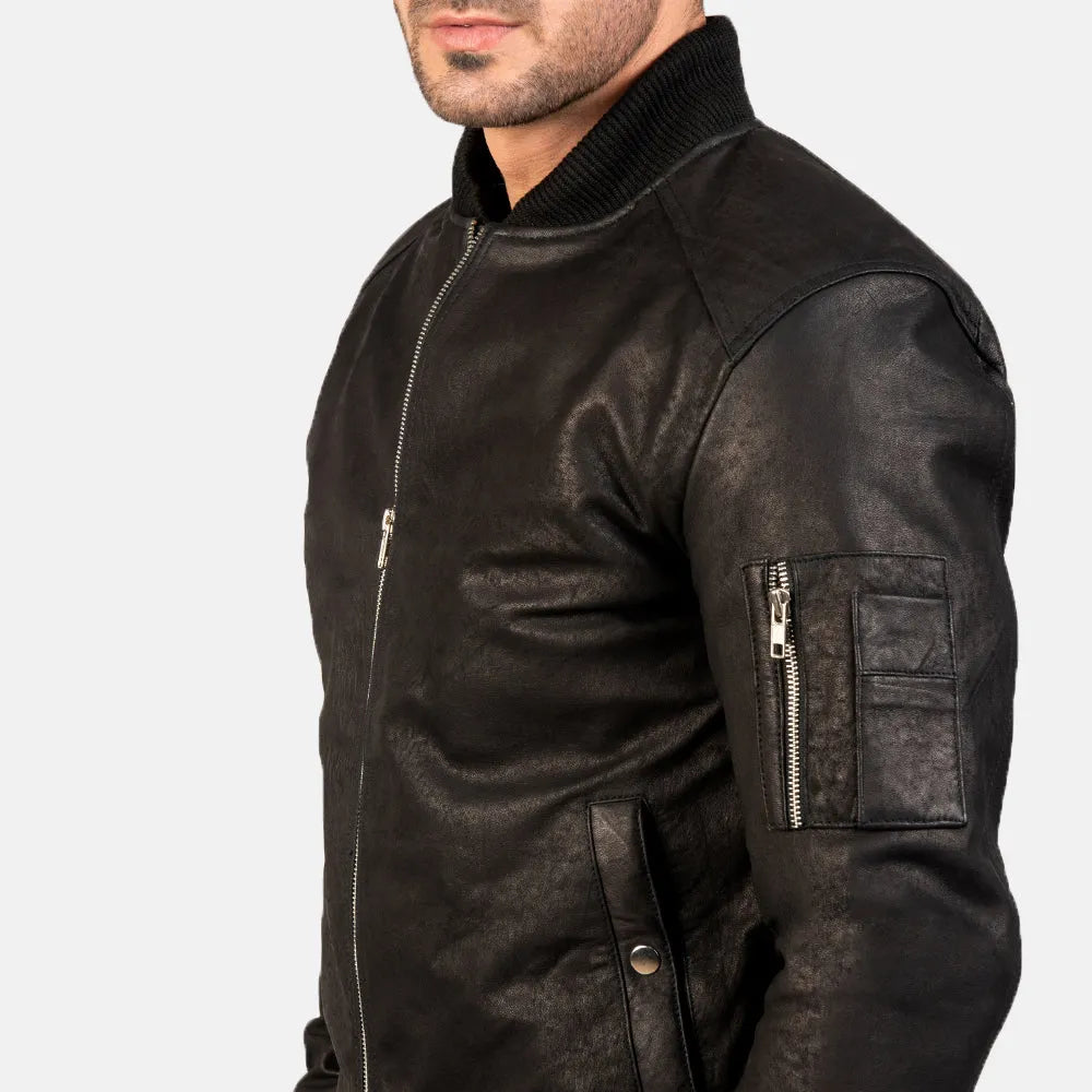 Mens-Distressed-Black-Leather-Bomber-Jacket-Left-By-SKS-Wholesales