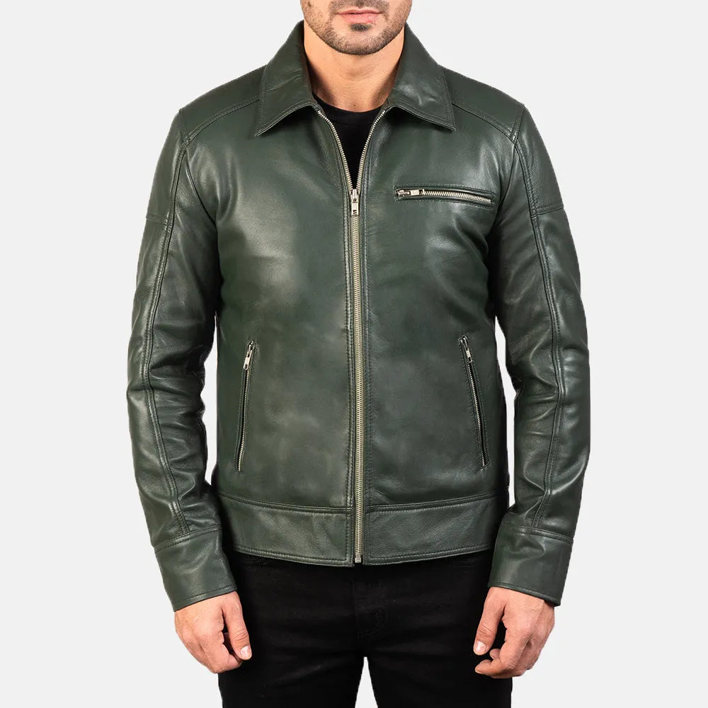 Mens-Green-Leather-Biker-Jacket-Front-By-SKS-Wholesales